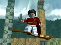 Harry flying high on a Quidditch broom in LEGO Harry Potter: Years 1-4